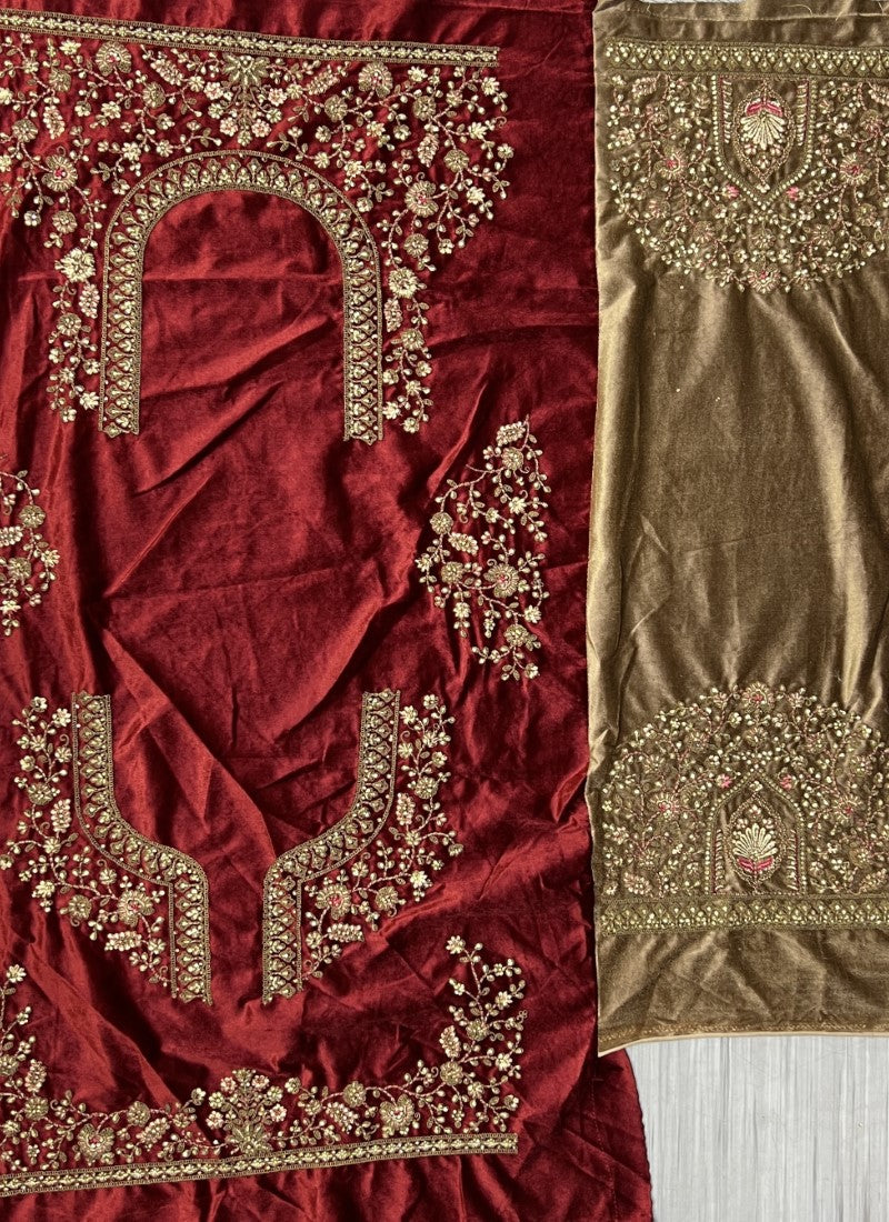 Neatly Crafted 5mm and 3mm Sequence work Beautifully Designed Bridal Lehengacholi with double dupatta Marron