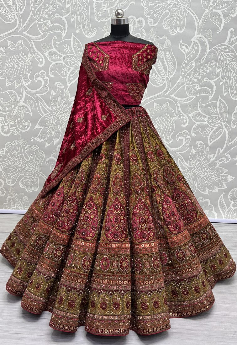 Fabulous Matching Pink Thread Embroidered Crafted Designer six meter flair Bridal Lehengacholi