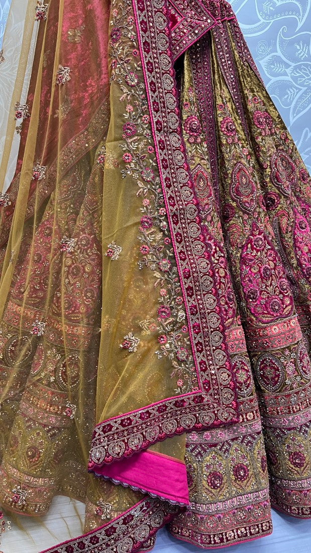 Fabulous Matching Pink Thread Embroidered Crafted Designer six meter flair Bridal Lehengacholi