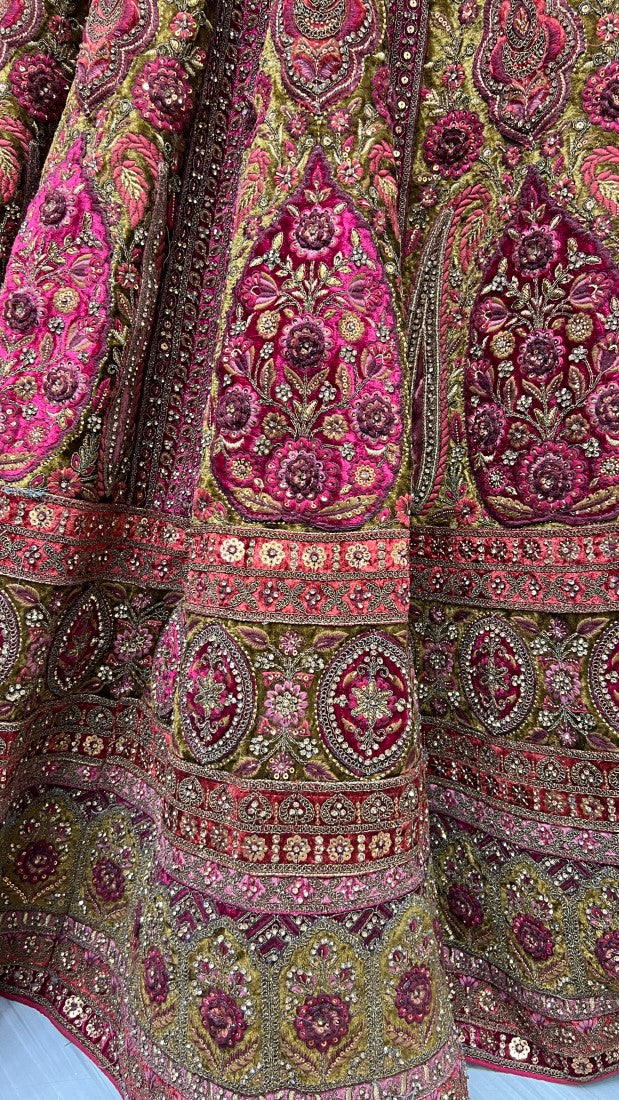 Fabulous Matching Pink Thread Embroidered Crafted Designer six meter flair Bridal Lehengacholi