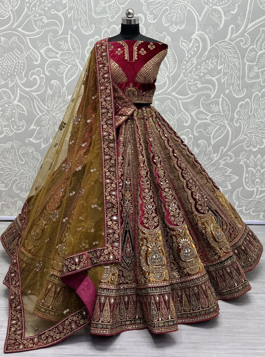 Meticulously prepared Hand mirror crafted Designer Bridal Lehengacholi in Mustard