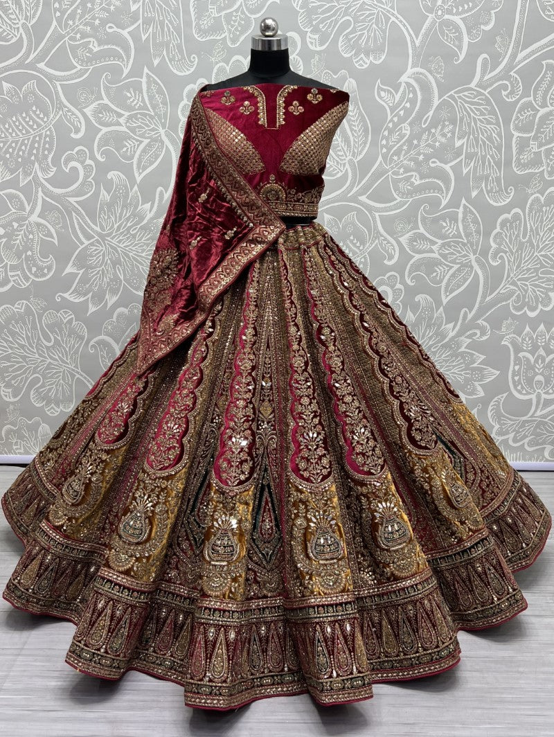 Meticulously prepared Hand mirror crafted Designer Bridal Lehengacholi in Mustard