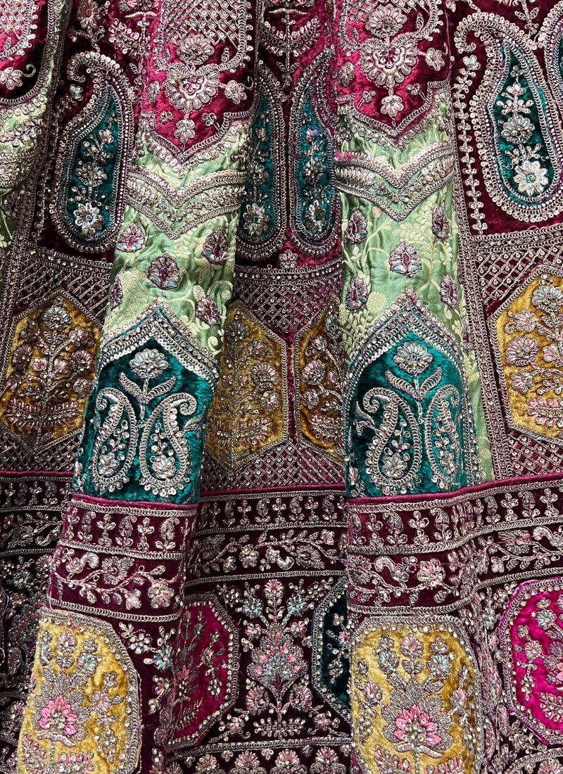 Splendid Banarasi Silk crafted In various color velvet patch work Perfect Reception Lehengacholi Pista