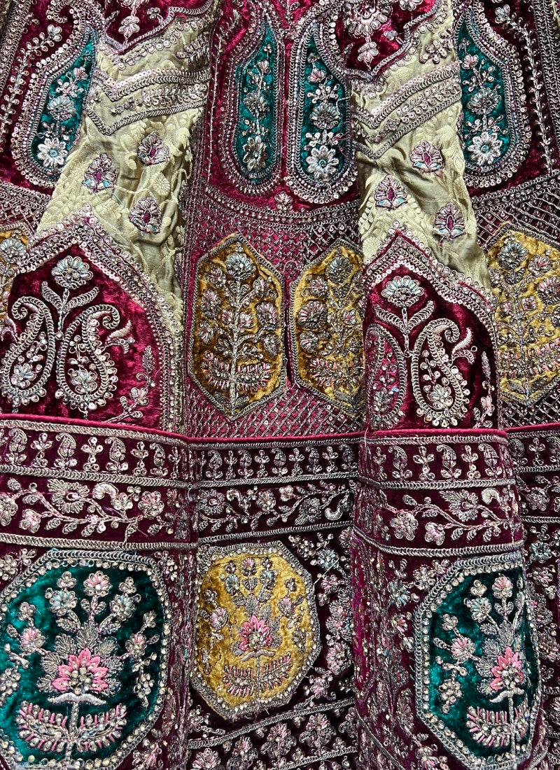 Splendid Banarasi Silk crafted In various color velvet patch work Perfect Reception Lehengacholi Chicku