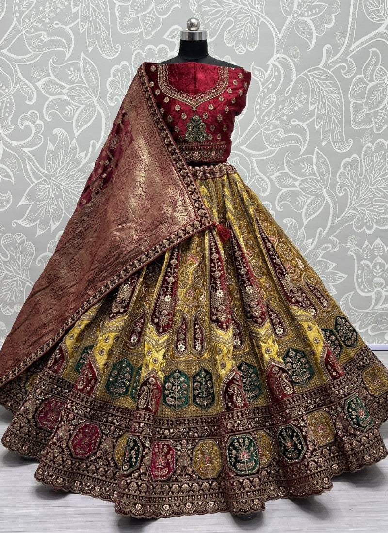 Splendid Banarasi Silk crafted In various color velvet patch work Perfect Reception Lehengacholi