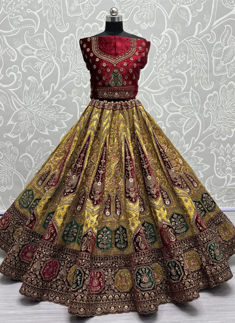 Splendid Banarasi Silk crafted In various color velvet patch work Perfect Reception Lehengacholi