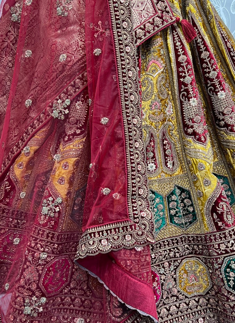Splendid Banarasi Silk crafted In various color velvet patch work Perfect Reception Lehengacholi