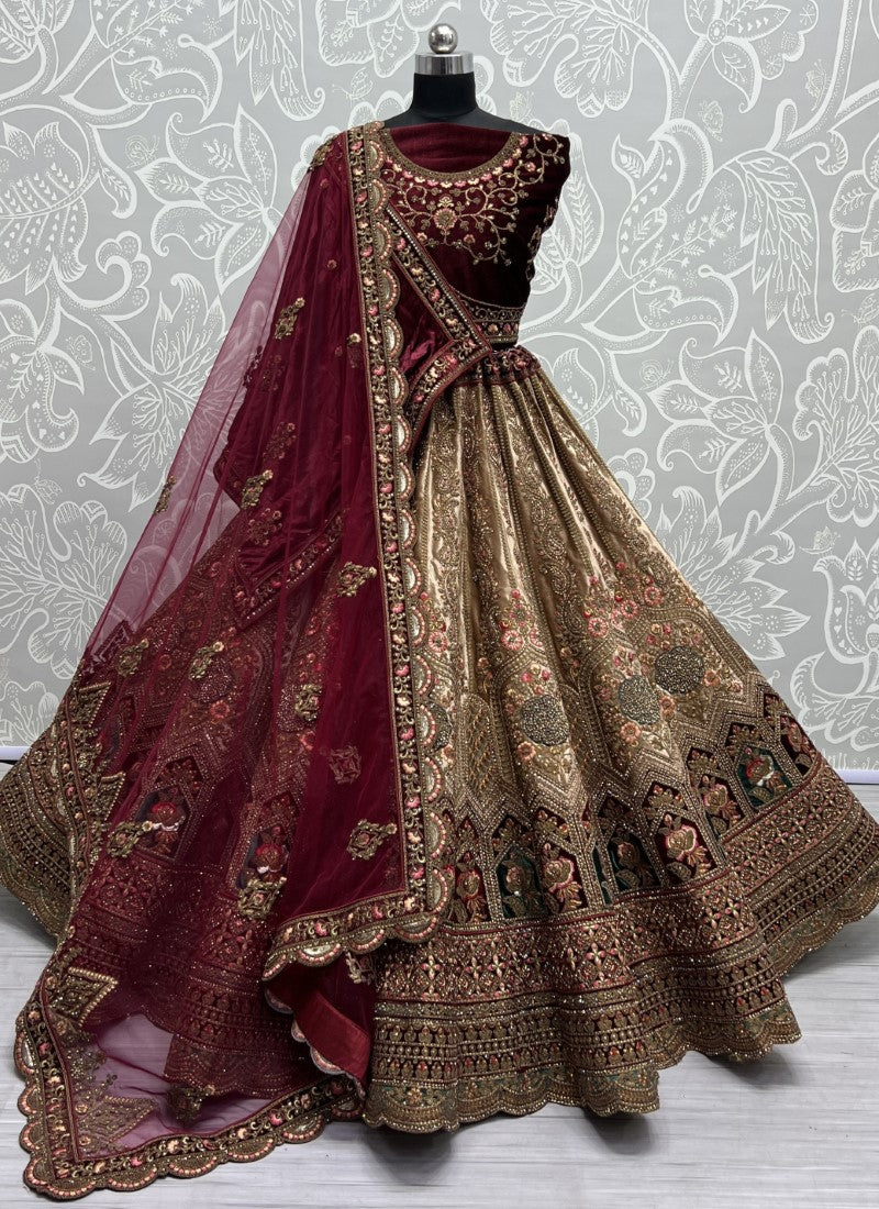 Remarkable design in various Zari and flower thread work combine Velvet patch work Lehenga choli Chicku