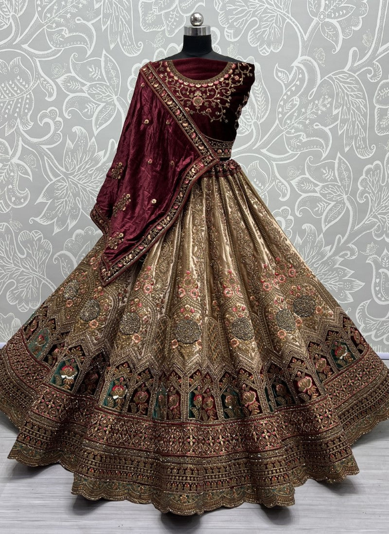 Remarkable design in various Zari and flower thread work combine Velvet patch work Lehenga choli Chicku