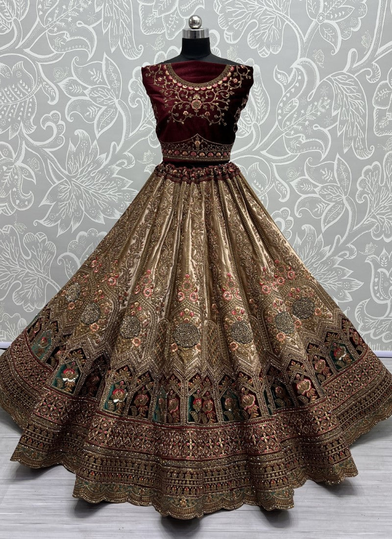 Remarkable design in various Zari and flower thread work combine Velvet patch work Lehenga choli Chicku