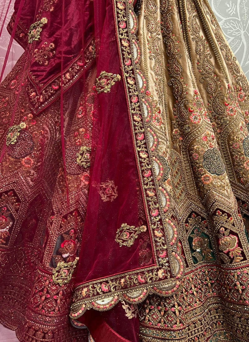 Remarkable design in various Zari and flower thread work combine Velvet patch work Lehenga choli Chicku