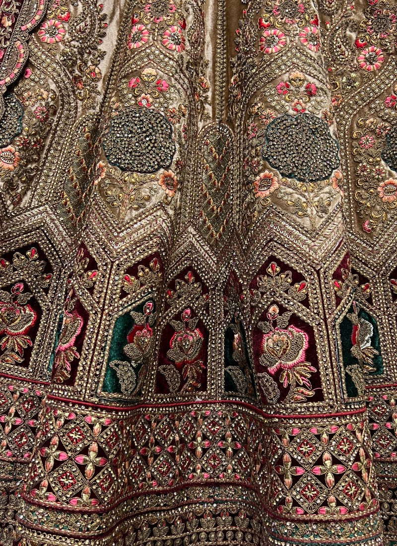 Remarkable design in various Zari and flower thread work combine Velvet patch work Lehenga choli Chicku