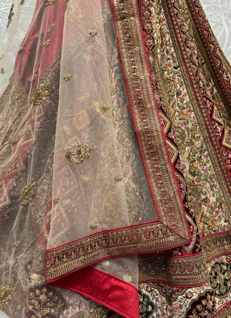 Alternate Red Velvet Kali work and Fancy embroidered Lehenga choli with double dupatta