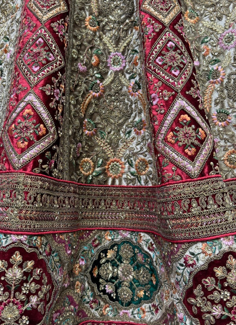 Alternate Red Velvet Kali work and Fancy embroidered Lehenga choli with double dupatta