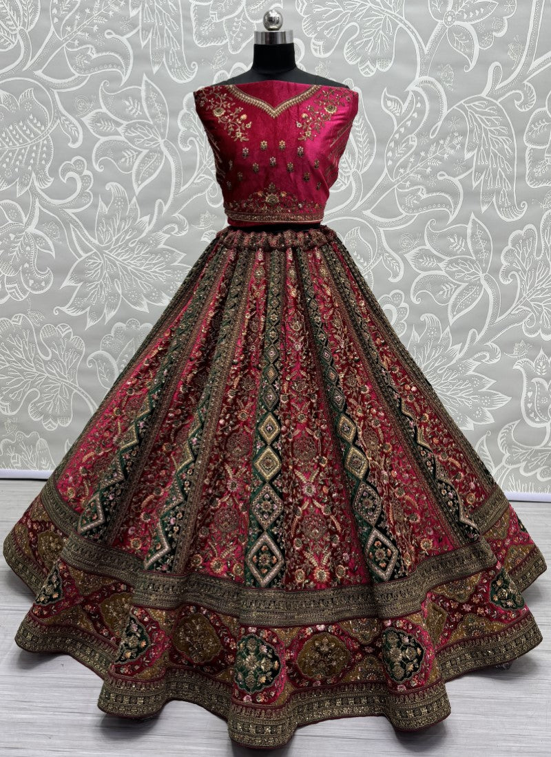 Alternate Rani Pink Velvet Kali work and Fancy embroidered Lehenga choli with double dupatta