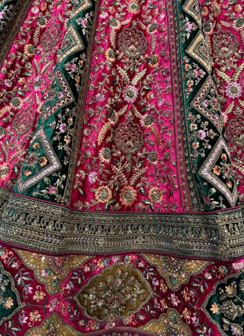 Alternate Rani Pink Velvet Kali work and Fancy embroidered Lehenga choli with double dupatta