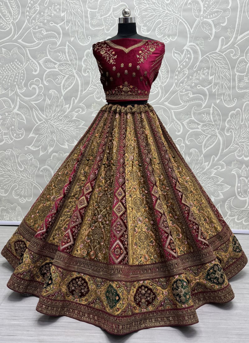 Alternate Mustard Velvet Kali work and Fancy embroidered Lehenga choli with double dupatta