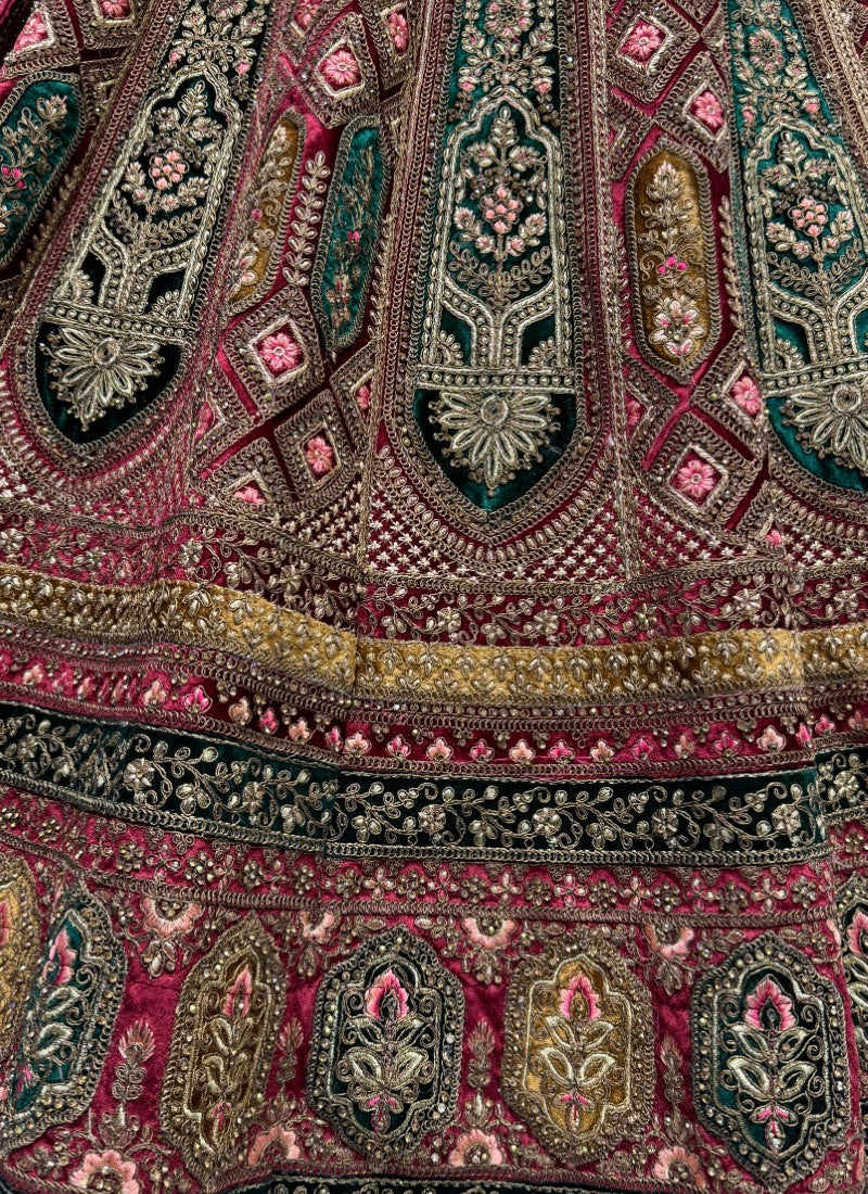 Designed Embroidered Patch and Multi thread work Lehengacholi in Maroon