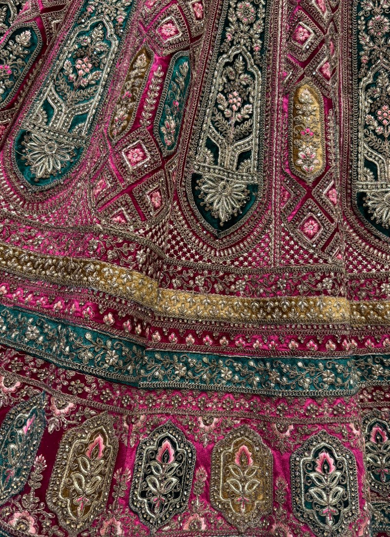 Designed Embroidered Patch and Multi thread work Lehengacholi in Raspberry