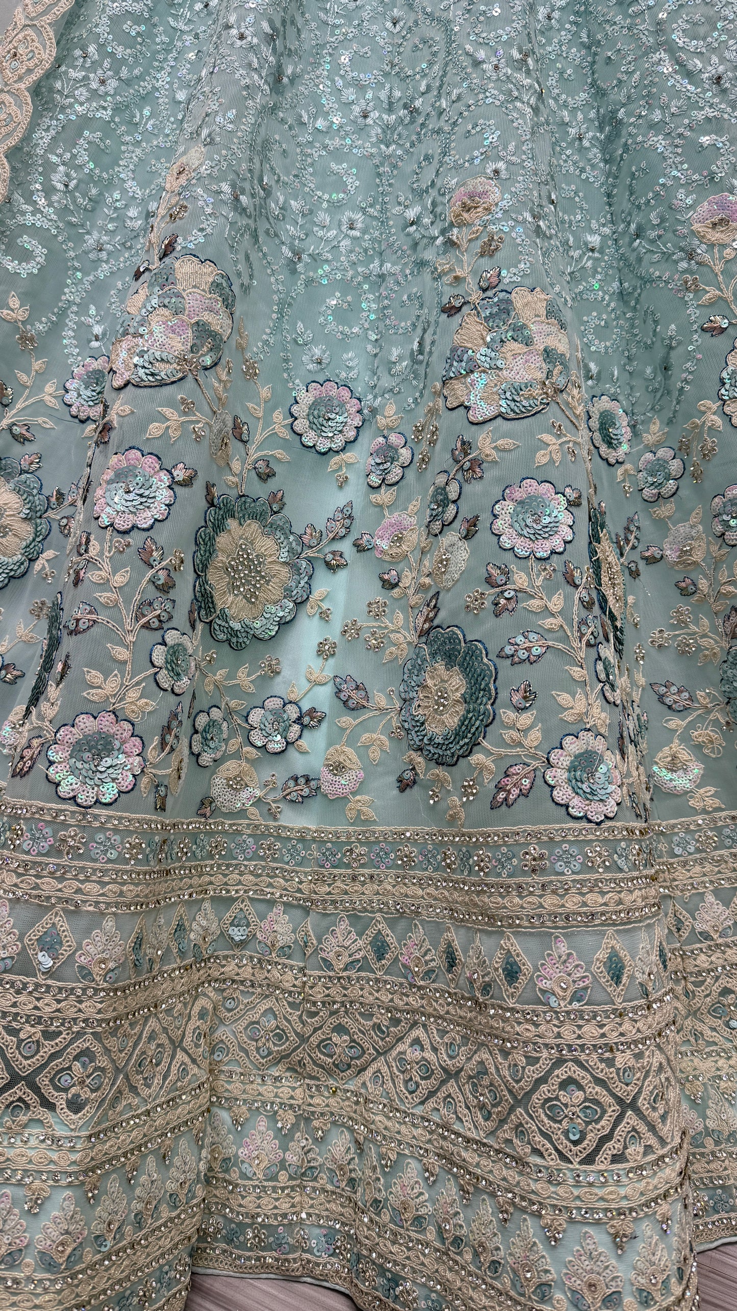 Beautifully Fancy sequins and Dori work combine sophisticated embroidered designer Partywear Lehengacholi in Sky Blue