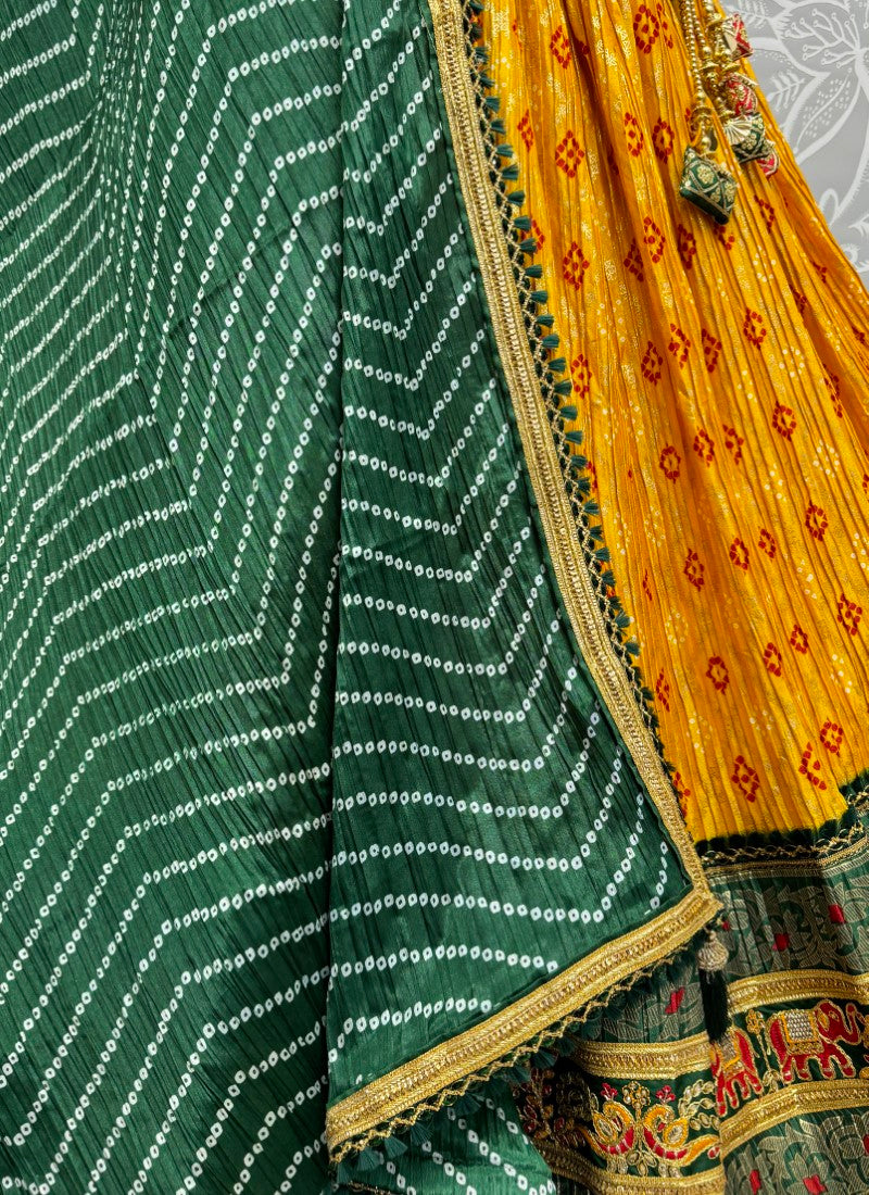 Haldi function special Lehengacholi Bandhani print dupatta with beautiful Latkan