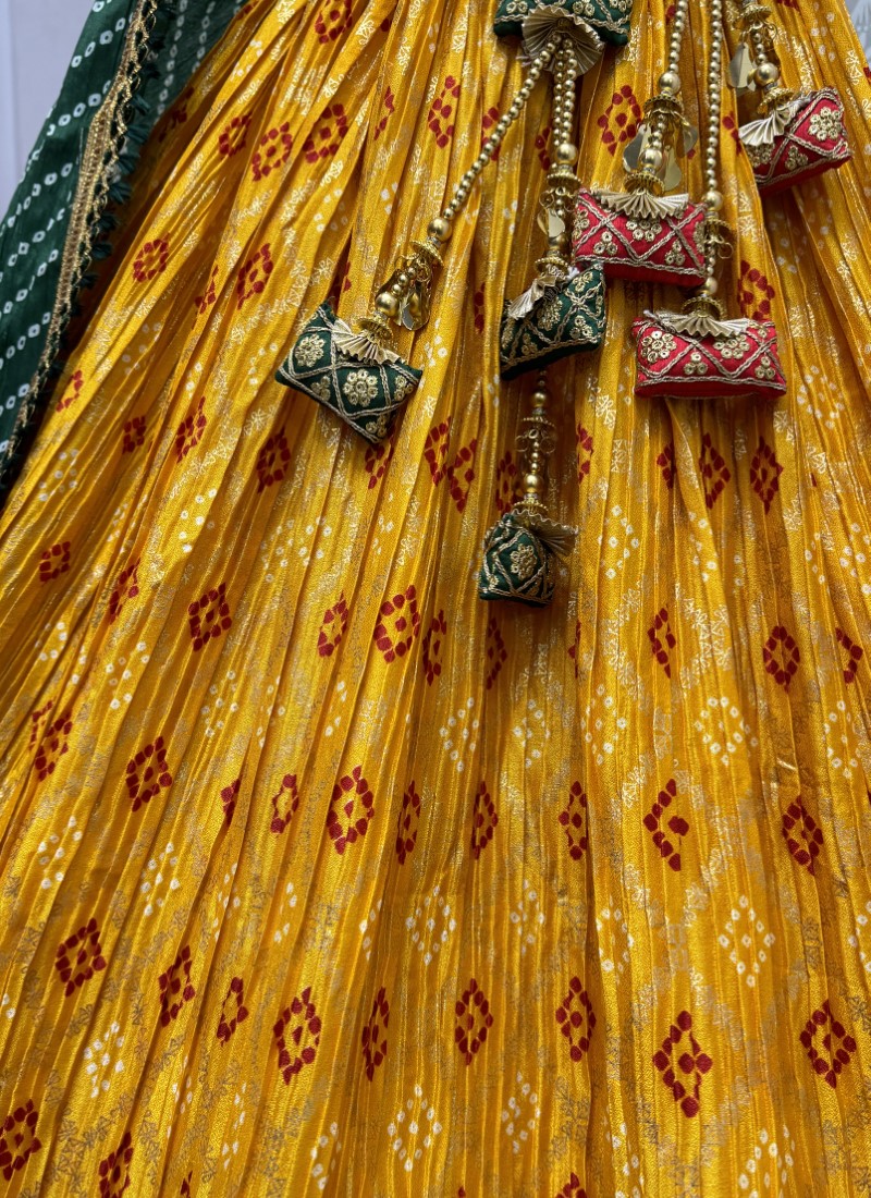 Haldi function special Lehengacholi Bandhani print dupatta with beautiful Latkan