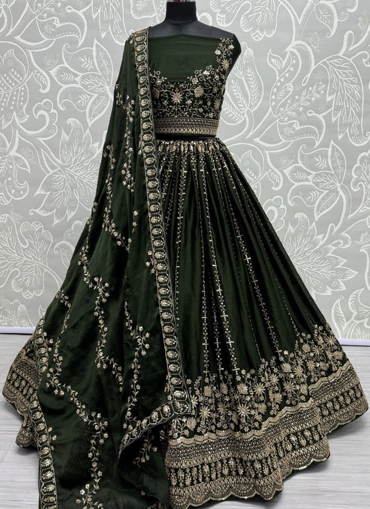 Fancy Zari embroidered in flower pattern with sequins Designer Lehenga choli in Mehendi