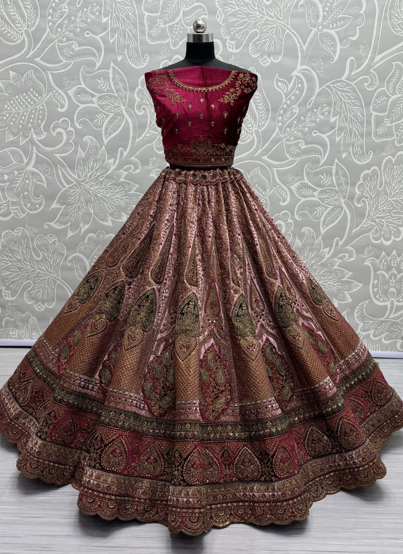 Perfectly Embroidered Velvet Patch work combine bridal Pink Lehengacholi with double dupatta