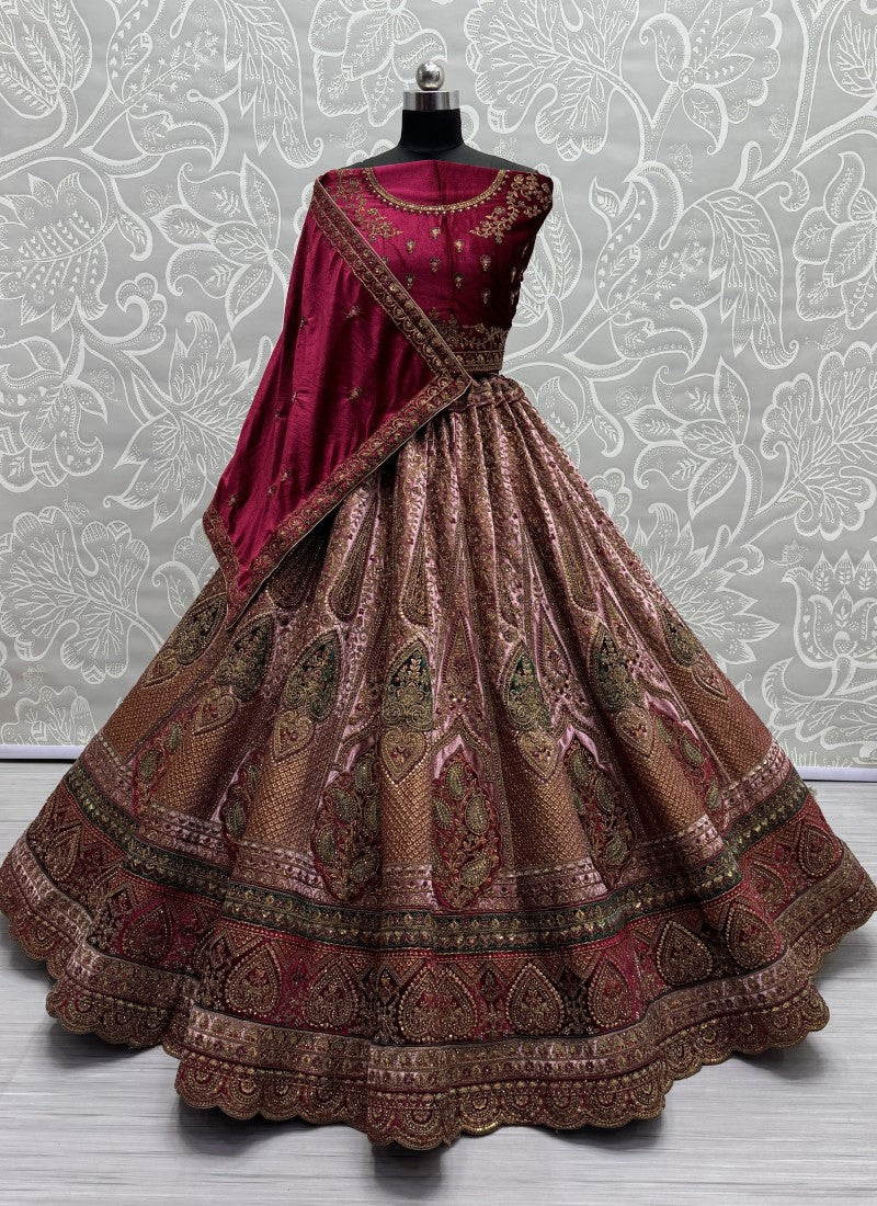 Perfectly Embroidered Velvet Patch work combine bridal Pink Lehengacholi with double dupatta