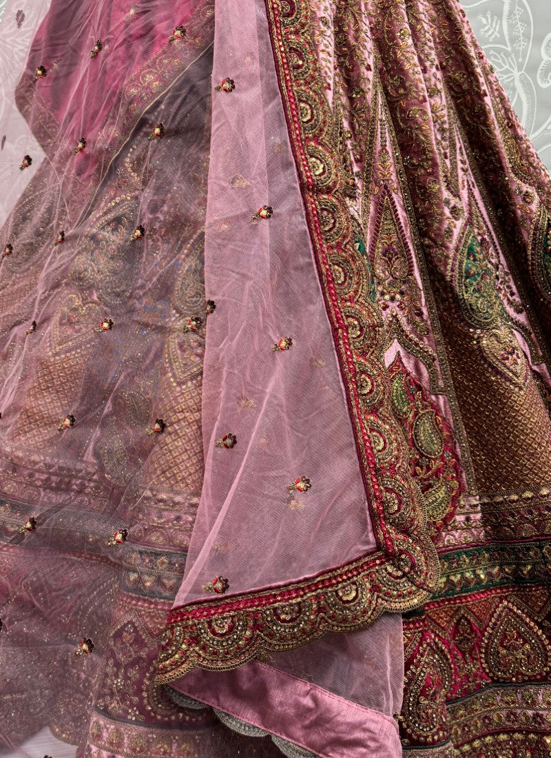 Perfectly Embroidered Velvet Patch work combine bridal Pink Lehengacholi with double dupatta