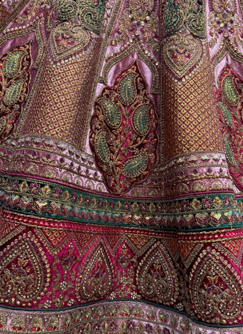 Perfectly Embroidered Velvet Patch work combine bridal Pink Lehengacholi with double dupatta