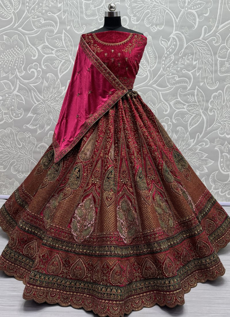 Perfectly Embroidered Velvet Patch work combine bridal Rani Lehengacholi with double dupatta
