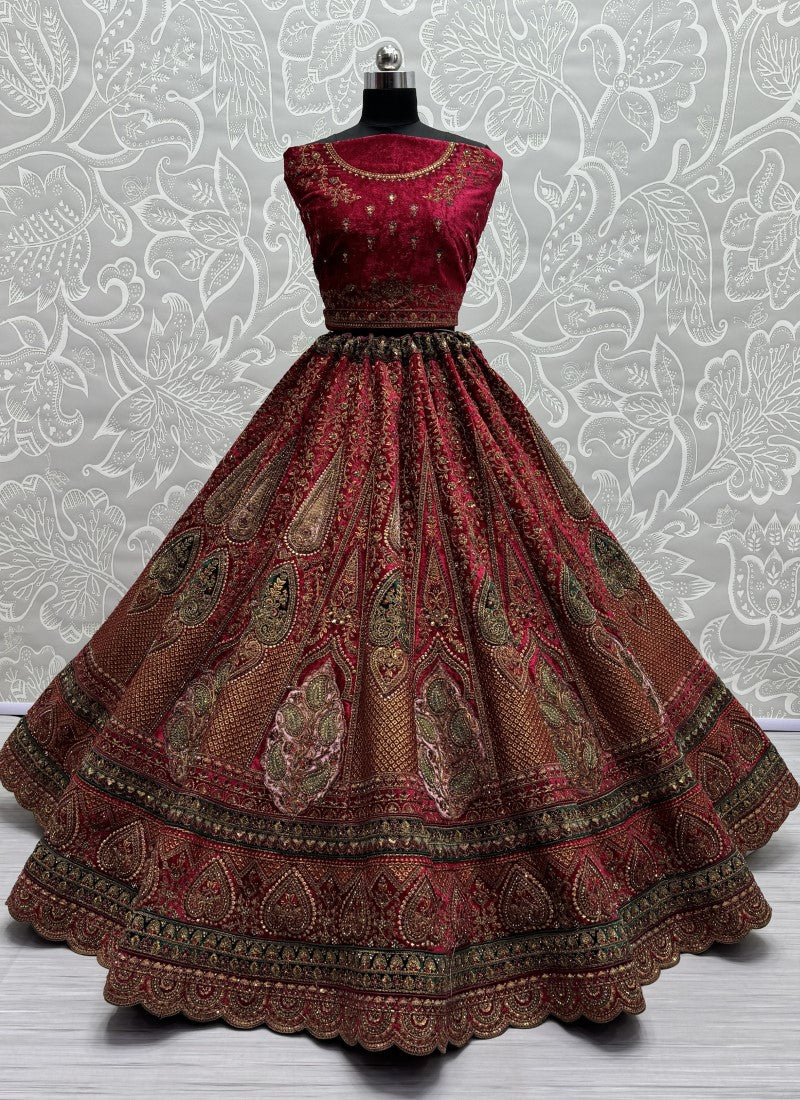 Perfectly Embroidered Velvet Patch work combine bridal Rani Lehengacholi with double dupatta