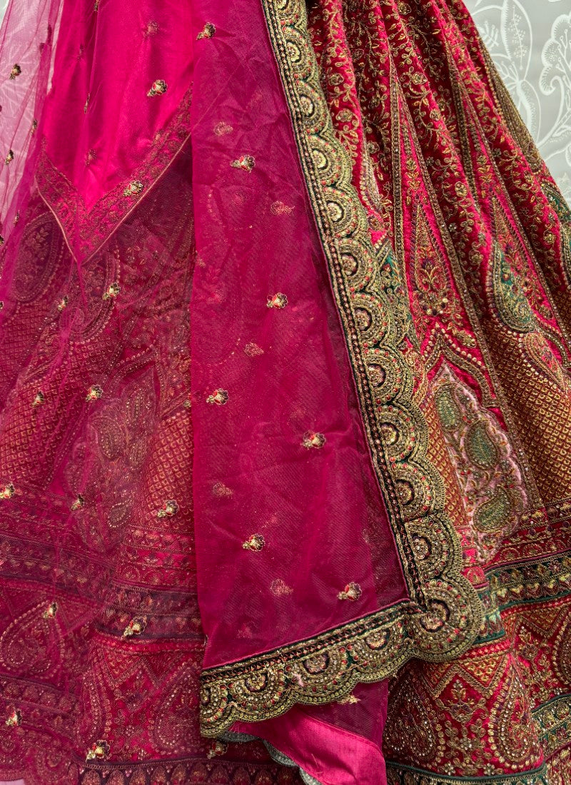 Perfectly Embroidered Velvet Patch work combine bridal Rani Lehengacholi with double dupatta