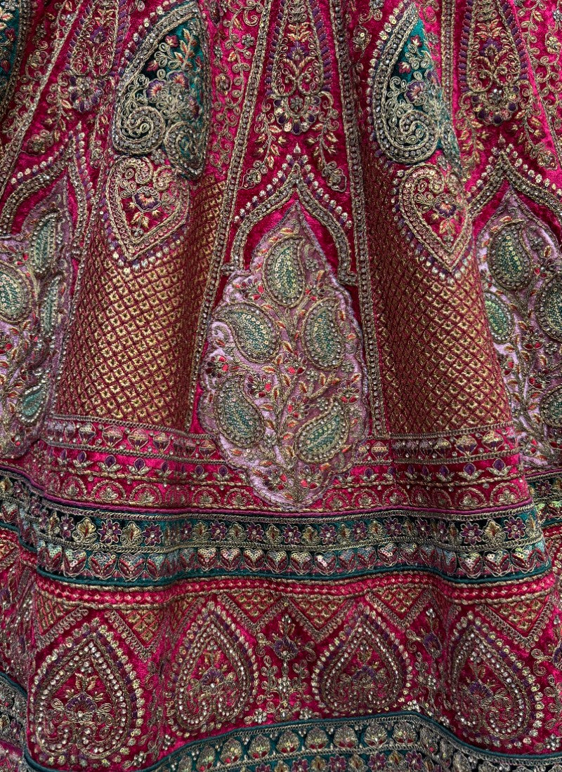 Perfectly Embroidered Velvet Patch work combine bridal Rani Lehengacholi with double dupatta