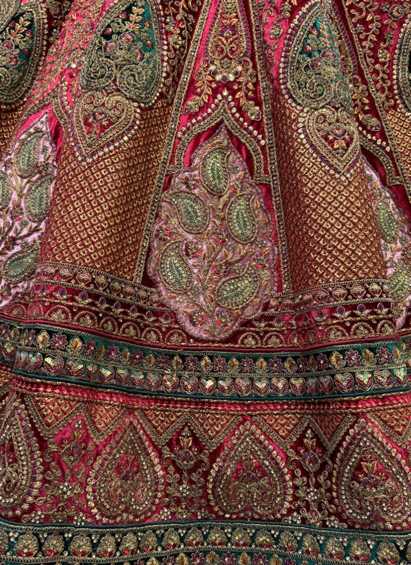 Perfectly Embroidered Velvet Patch work combine bridal Maroon Lehengacholi with double dupatta