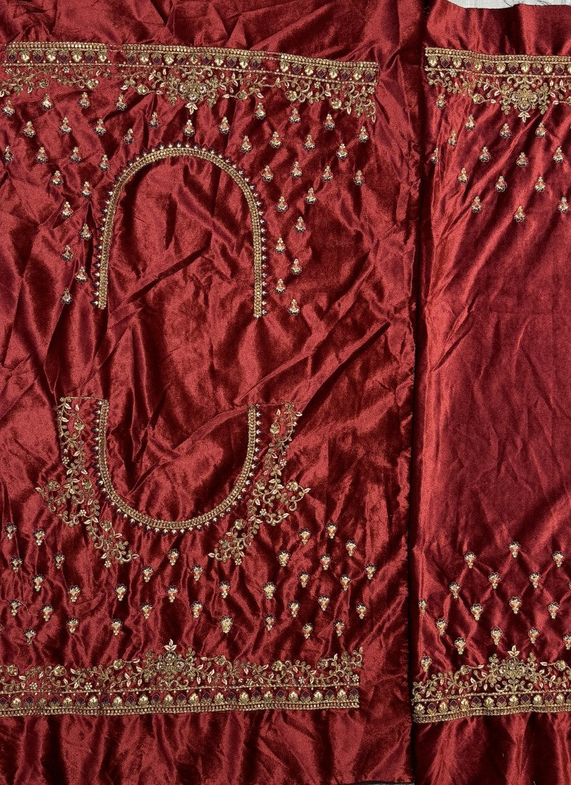 Hand mirror and sequin work on velvet Bridal Lehengacholi in Maroon
