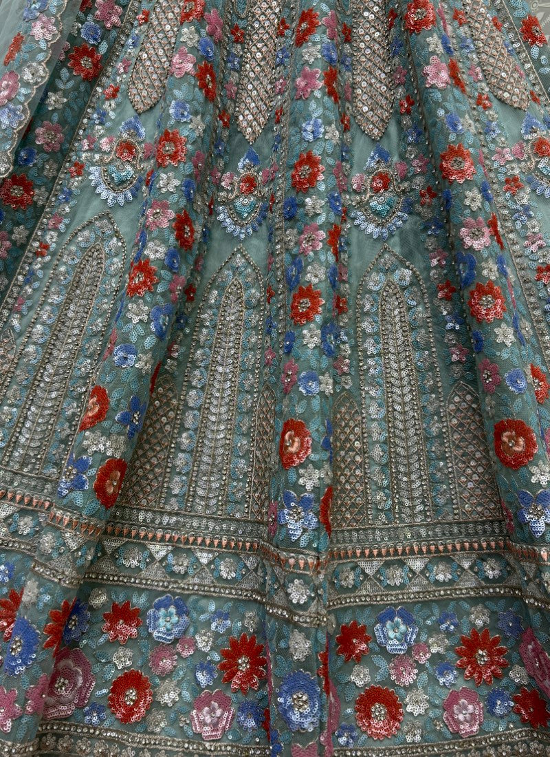 Attractive four sequins Embroidered Partywear Lehengacholi in Aqua