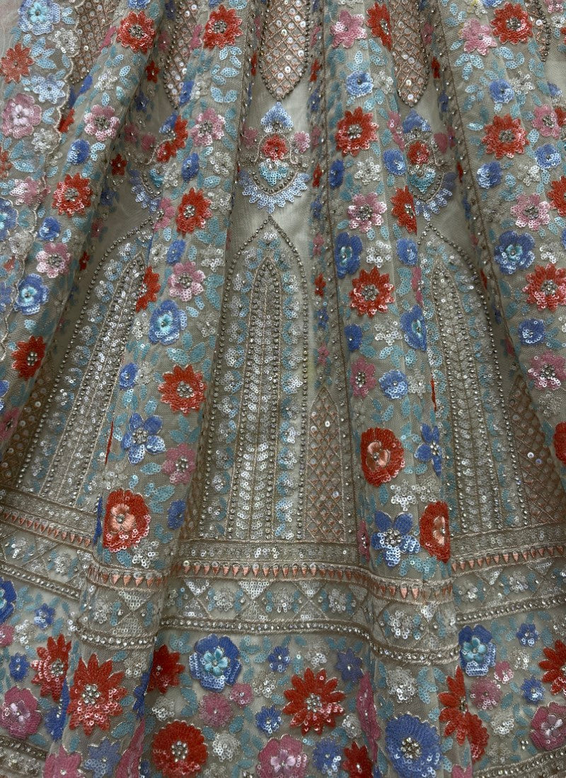 Attractive four sequins Embroidered Partywear Lehengacholi in Grey