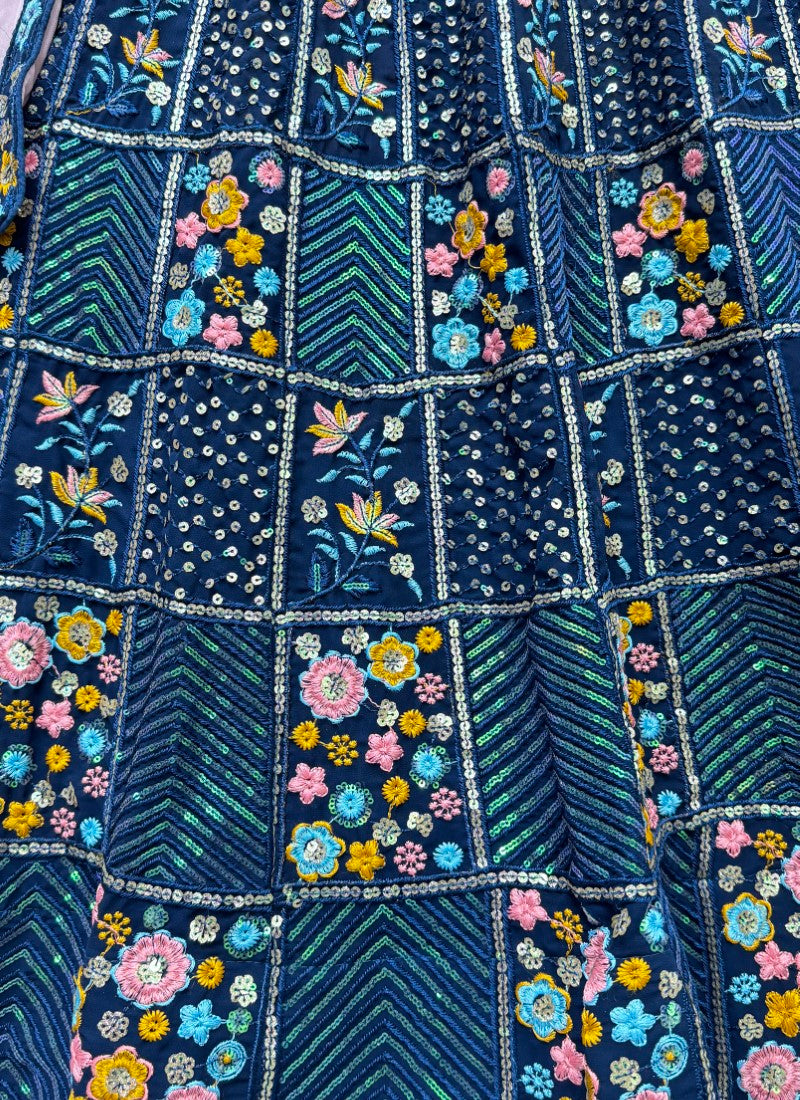 Multi thread embroidery with sequence partywear Lehengacholi in Navy blue