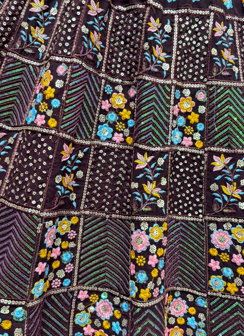 Multi thread embroidery with sequence partywear Lehengacholi in Coffe