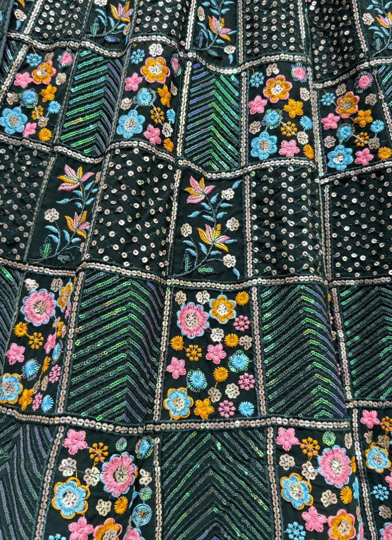 Multi thread embroidery with sequence partywear Lehengacholi in Green