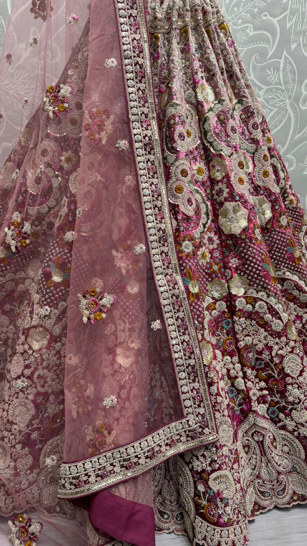 Fabulous Dori embroidered with cotton thread work with 5 mm sequence and zircon diamond Designer Lehengacholi in Pink