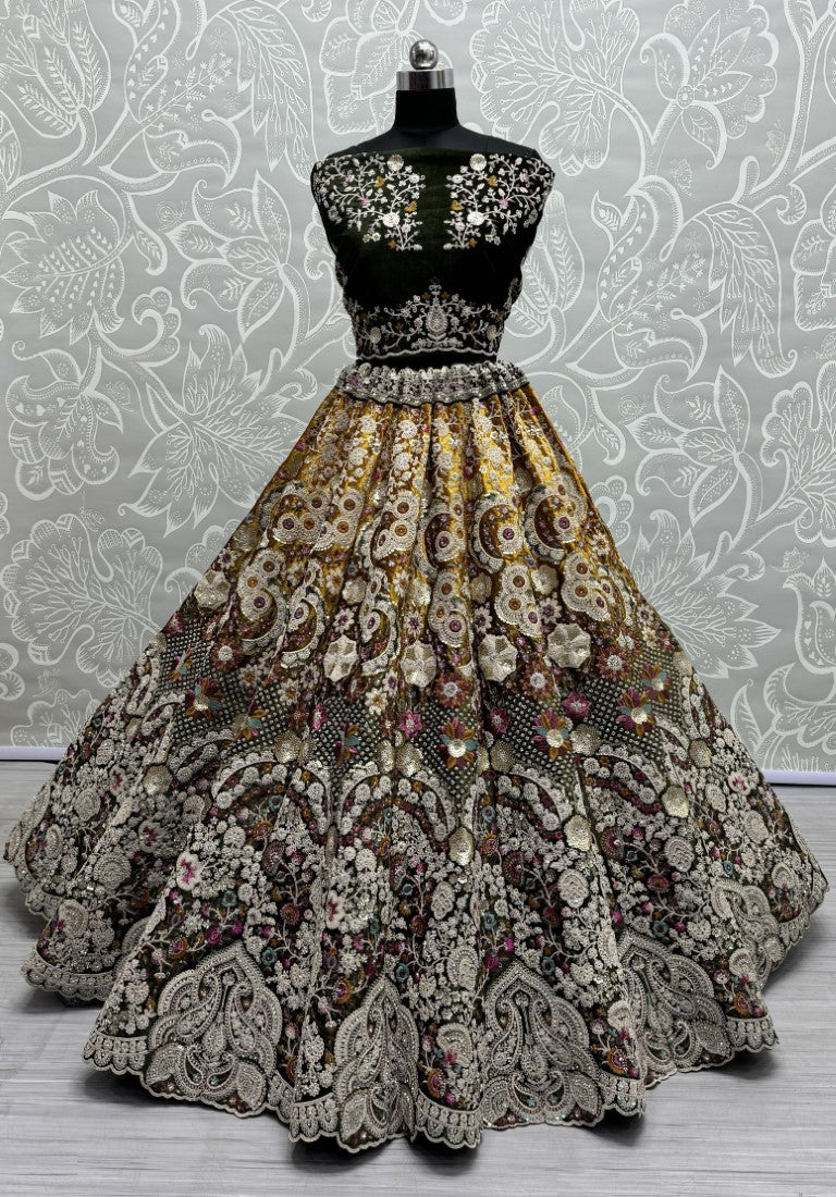 Fabulous Dori embroidered with cotton thread work with 5 mm sequence and zircon diamond Designer Lehengacholi in Mehendi