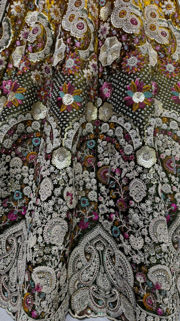 Fabulous Dori embroidered with cotton thread work with 5 mm sequence and zircon diamond Designer Lehengacholi in Mehendi