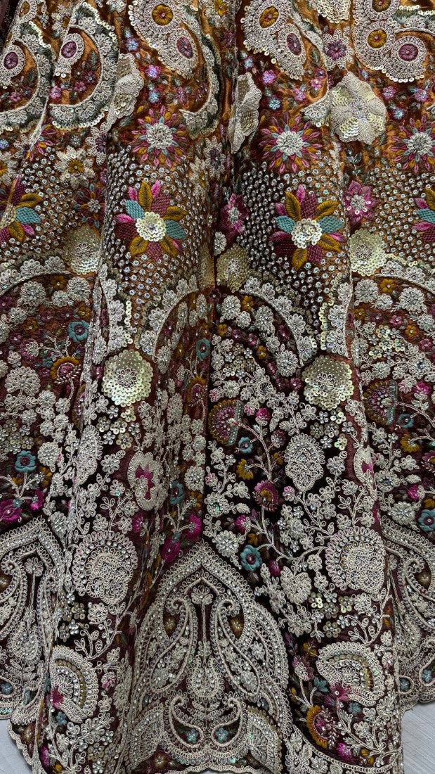 Fabulous Dori embroidered with cotton thread work with 5 mm sequence and zircon diamond Designer Lehengacholi in Maroon