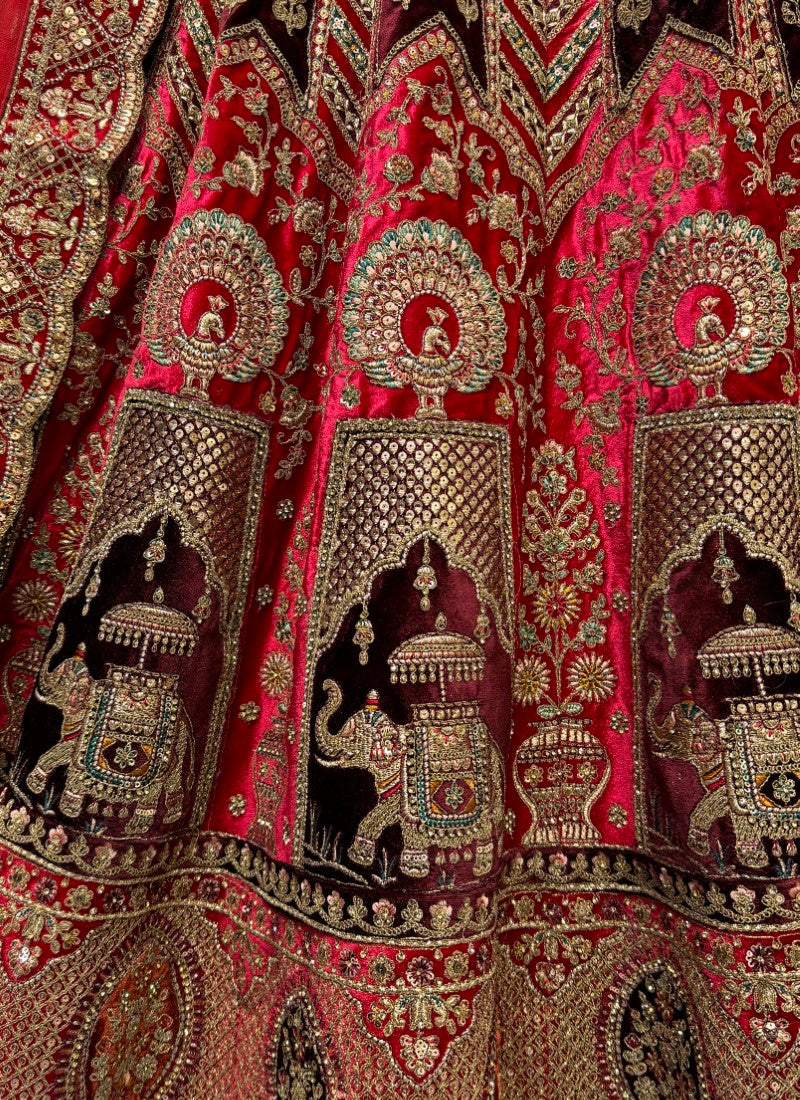 Gajraj Pattern Heavy Embroidered and designer patch work Lehengacholi in Red