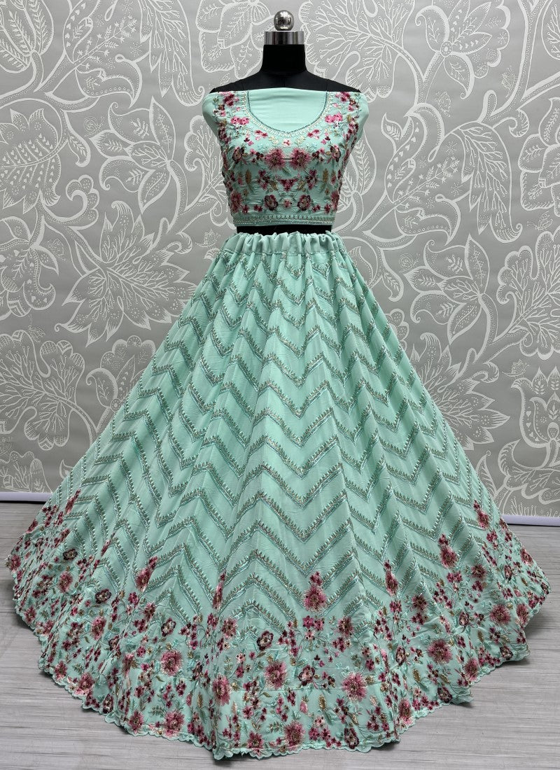 Striking Multi thread and zari work combine with full of zircon diamond perfect partywear Lehengacholi in Aqua