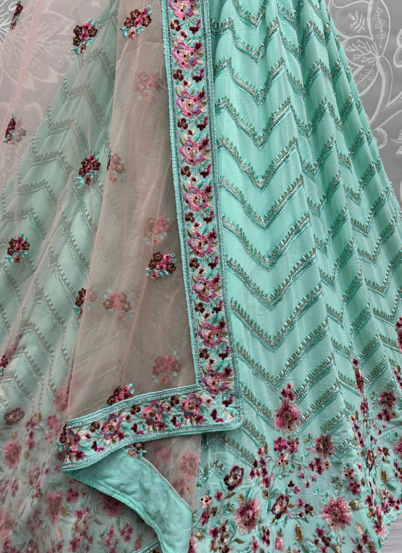 Striking Multi thread and zari work combine with full of zircon diamond perfect partywear Lehengacholi in Aqua