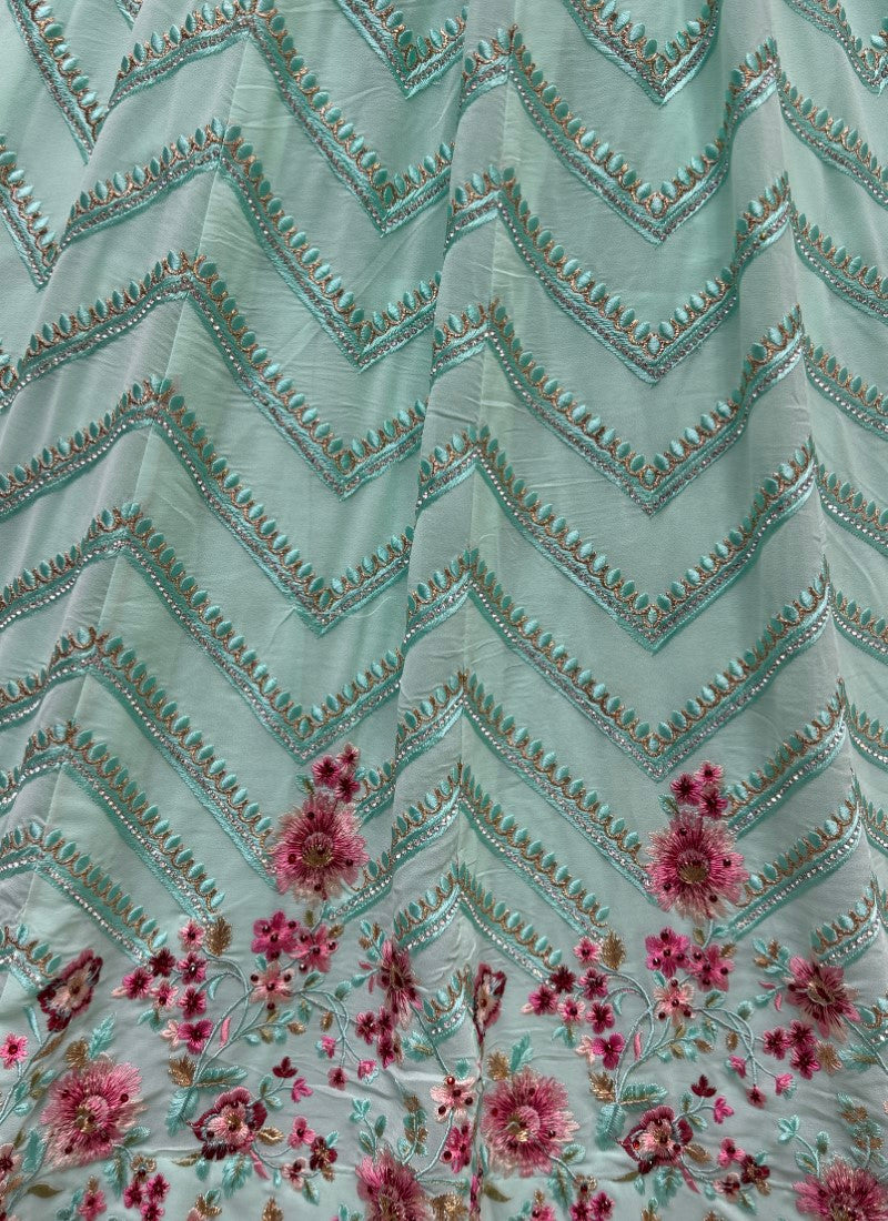 Striking Multi thread and zari work combine with full of zircon diamond perfect partywear Lehengacholi in Aqua